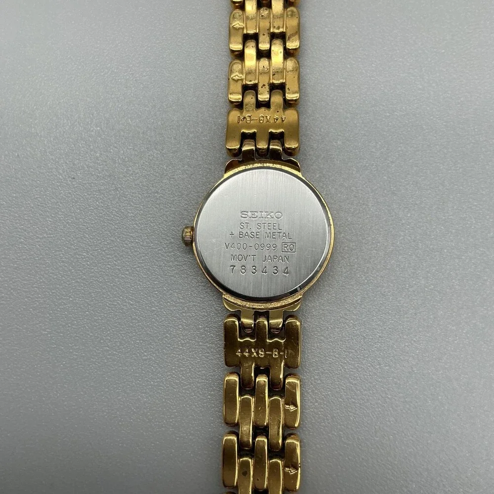 Vintage Seiko V400-0999 Womens Watch 20mm Black Dial Gold New Battery 6.75